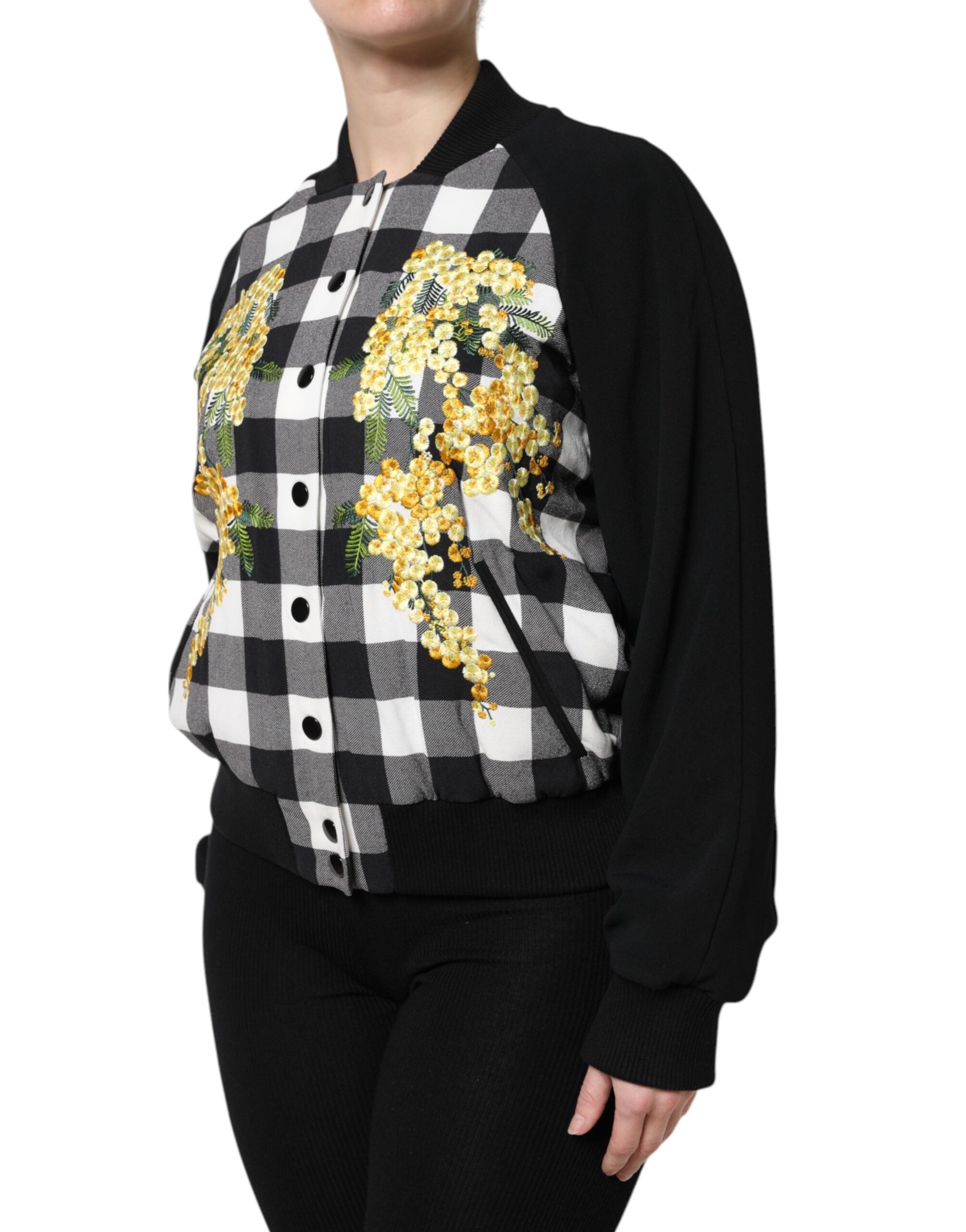 Black White Check Floral Button Down Jacket